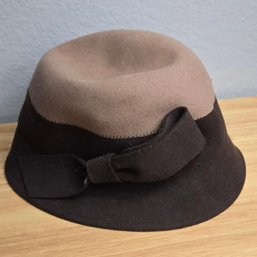 Nordstrom Magid Hat Wool Cloche Two-Tone Brown Wide Brim Flapper 20s Vintage Bow